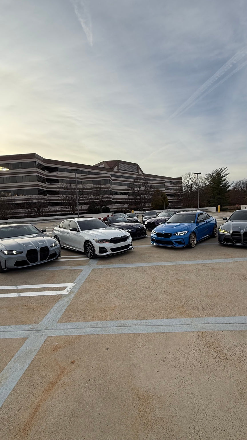 BMW enthusiast lineup at dusk