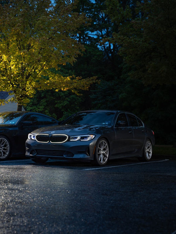 BCSC Build 001 — @g20ev's Mineral Gray BMW G20 in a moody tree-lined setting